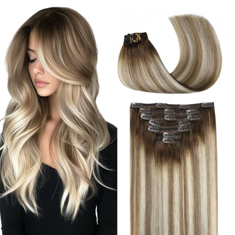 COOKAYU Clip in Hair Extensions Real Human Hair, 20inch 120g 7Pcs 3/8/22 Walnut Brown to Ash Brown and Blonde Hair Extensions Clip in Human Hair Thick Silky Straight Extensions
