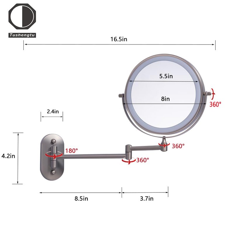 Rechargeable Wall Mounted Lighted Makeup Vanity Mirror with 10X/1X Magnification For Shaving, 8Inch Brushed Nickel Magnifying Mirror Makeup Wall Mounted with Light,13 Inch Extendable (8CB-N10X)