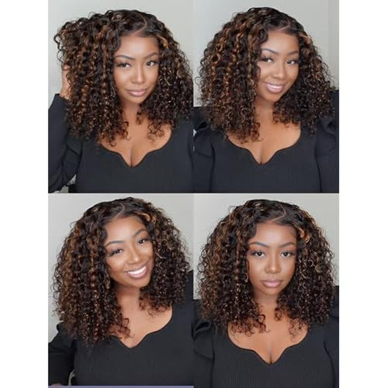 ISEE Hair Highlight Glueless Bob Wigs Human Hair Pre Plucked Pre Cut 2/30 Honey Blonde Curly Human Hair Wig for Black Women Ombre Water Wave 5x7 HD Lace Closure Wigs with Elastic Band 12 Inch
