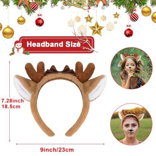 Shintop Deer Antlers Headbands, 2pcs Cute Reindeer Ears Headbands with Bow Deer Antlers Costume Soft Christmas Headwear Halloween Party Cosplay for Girls Women Adults (Brown)
