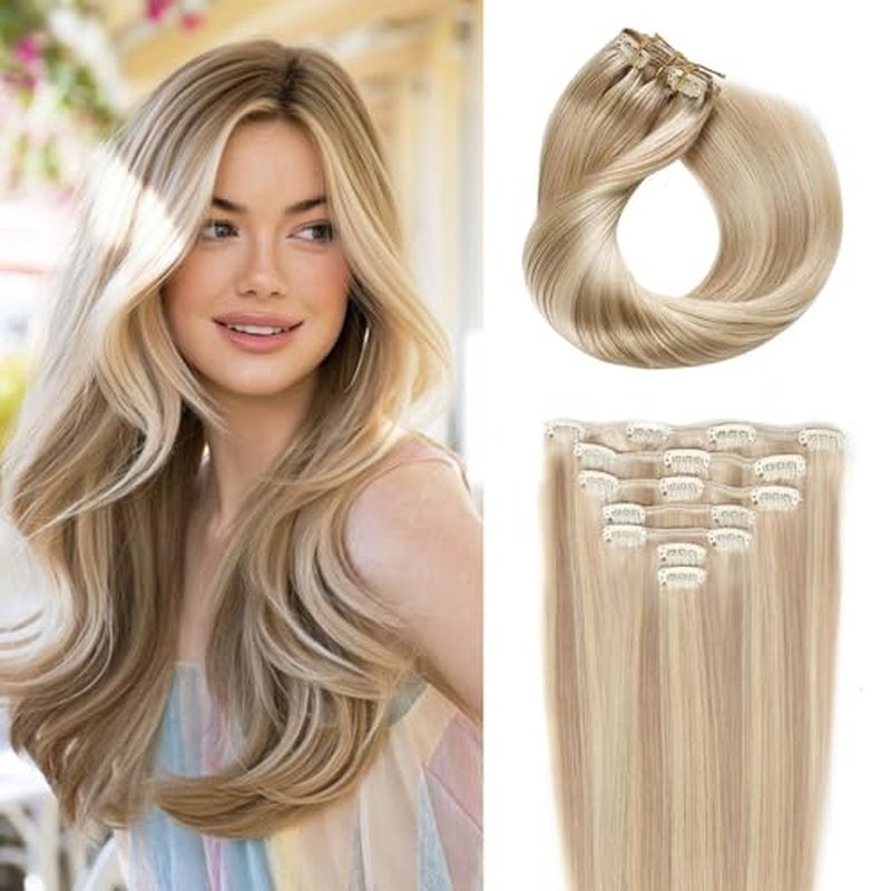 JESSBO Clip in Hair Extensions Real Human Hair 18 Inch 120g 7pcs Ash Blonde Highlighted Bleach Blonde Seamless Invisible Double Weft Natural Straight Hair Extensions for Woman (#P18/613)