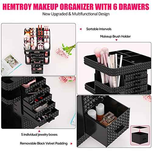 Rotating Makeup Organizer with 6 Drawers[New Updated], Multifunctional Cosmetics Organizer for Vanity Countertop, Square Jewelry Storage, Skincare Organizer for Makeup Holder (Plus Size-Black)