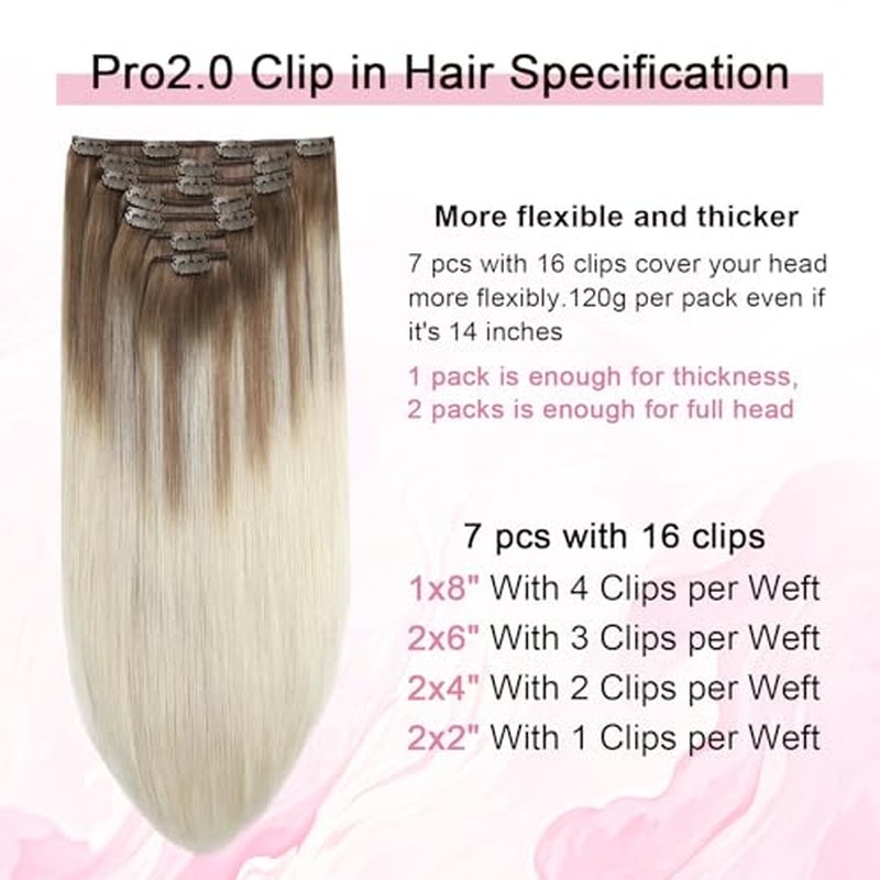 Pro2.0 Clip in Hair Extensions Real Human Hair 120g Thick 7pcs Color #8/60 Ash Brown to Platinum Blonde Remy Real Human Hair Extensions Clip ins 14inch Double Weft£¨#8/60-14inch£©