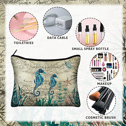 Sanwuta 12 Pcs Sea Tropical Cosmetic Bags Retro Animal Seahorse Travel Bags Beach Makeup Bags Zipper Small Pouch Vintage Turtle Whale Seashell Bag Under The Sea Purse Toiletry for Women Party Gift