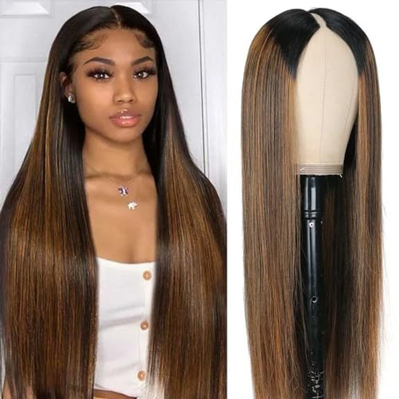 Highlight Ombre V Part Wigs Human Hair Straight Brazilian Virgin Human Hair Wigs Balayage Blonde Upgrade U Part Wigs 180% Density Glueless Full Head Clip In Half Wig 18inch #FB30