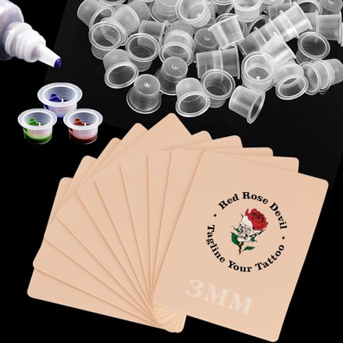 3MM Tattoo Fake Skin with Medium Ink Cups - Ruicoo 510Pcs Tattoo Practice Skin with Tattoo Ink Caps Kit Include 10Pcs 3MM Tattoo Fake Skin and 500Pcs Medium Plastic Pigment Caps