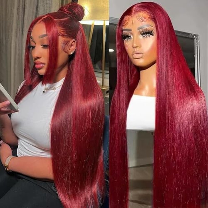 SOSATISFY 200 Density 99J Burgundy Lace Front Wigs Human Hair 13x4 Glueless HD Transparent Red Wigs Straight Lace front Colored Wigs for Women Pre Plucked with Baby Hair 22 Inch