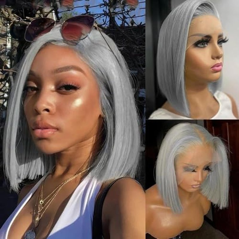 Grey 13x4 Bob Straight Lace Front Wigs Human Hair 180 Density UHD Transparent Lace Front Wigs Human Hair Pre Plucked Pre Cut Lace Glueless Wig Virgin Colored HumanHair Wigs For Women 10Inch