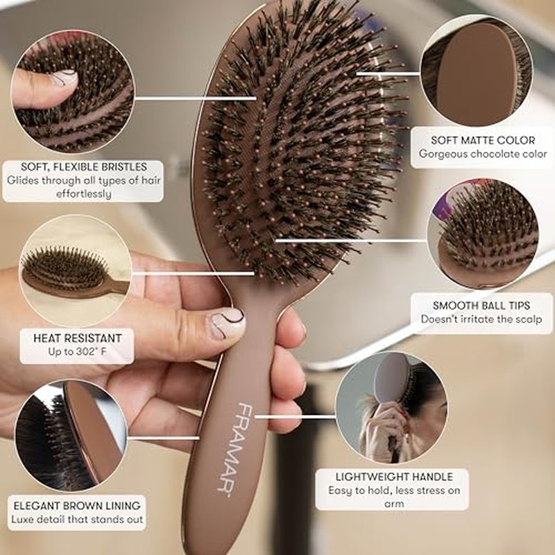FRAMAR Soft Boar Bristle Hair Brush For Women ? Boars Hair Brush For Women, Boar Brush For Fine Hair, Hairbrush For Fine Hair, Soft Bristle Brush For Slick Back, Volume and Shine - Chocolate