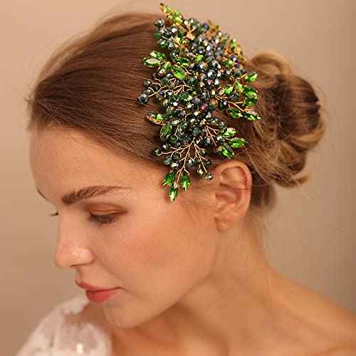 Green Crystal Rhinestone Hair Comb, Handmade Fashion Jewelry Hair Accessory for Women and Girls, Teardrop Rhinestone Headband with Green Beads, Size 15*10CM, Ideal for Wedding and Parties