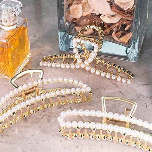 Large Pearl Hair Clips - 4.5 inch Zinc Alloy Banana Claw Clips for Thick Hair, Strong Hold Accessories for Women and Girls (3PCS)