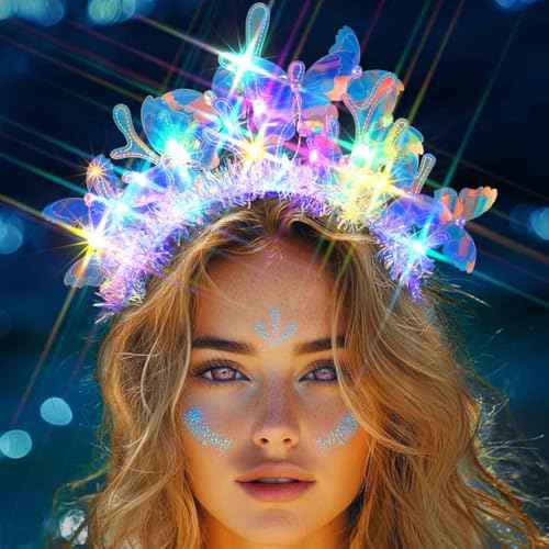 JONKY Light Up Butterfly Headband Glowing Mermaid Hair Band Rave Costume Hair Accessories for Women