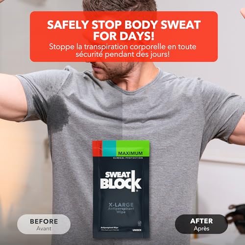 SweatBlock Clinical Strength XL Antiperspirant Body Wipes for Men & Women | Hyperhidrosis Sweat Protection for Hands Feet Underarms & Body | Unscented 10 Pack | Convenient Wipe Format for Targeted Use