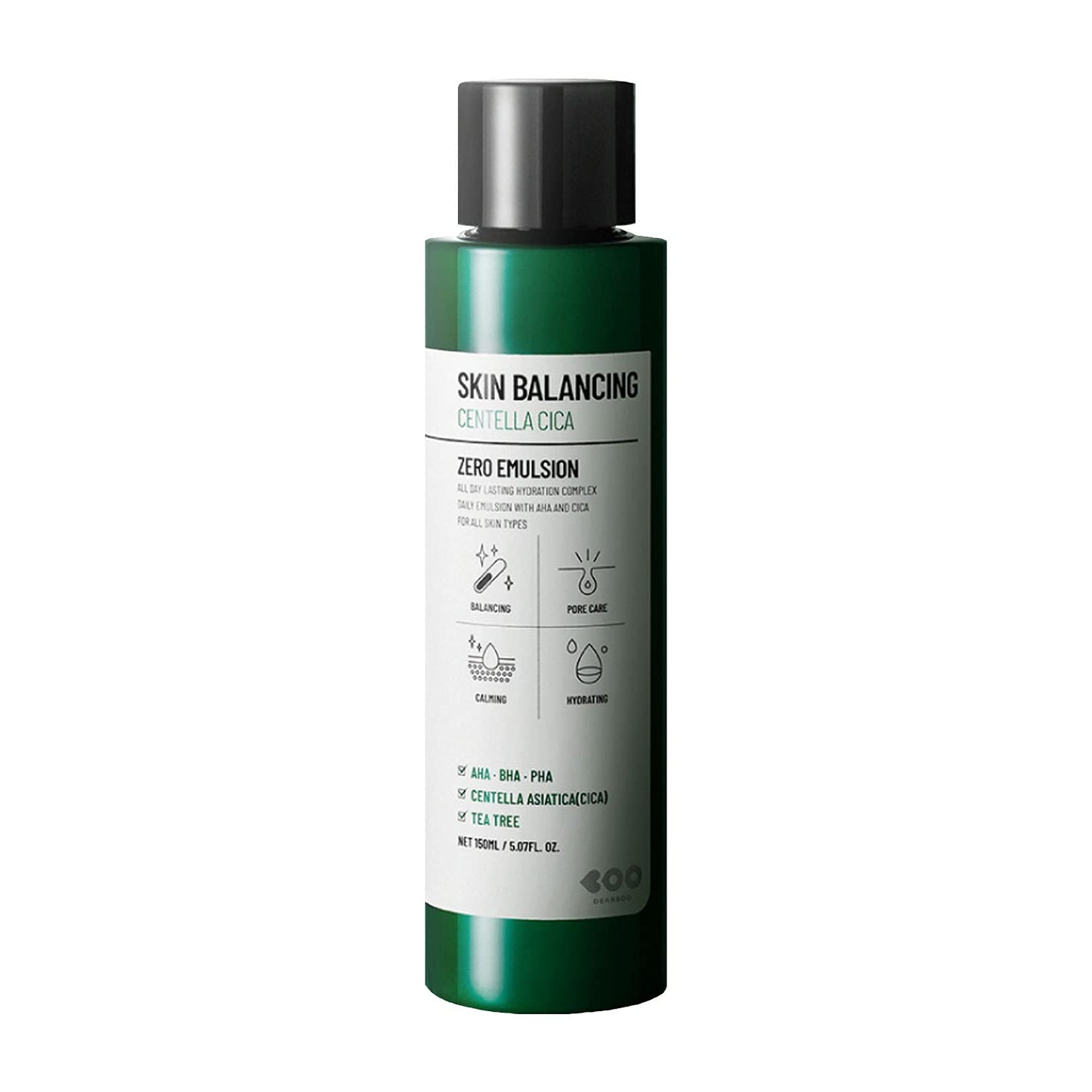 DEARBOO SKIN Balancing Centella Cica Zero Facial Emulsion 5.07 fl.oz(150ml) | AHA BHA PHA and Teatree | Soothing, Calming, Moisturizing for Sensitive Skin | Daily Korean Skincare