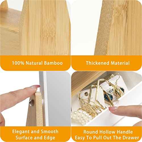 YEAKE Vanity Double Sided Magnifying Makeup Mirror with Storage, Adjustable Natural Bamboo Stand, Portable Desk/Table Mirror, Rectangular