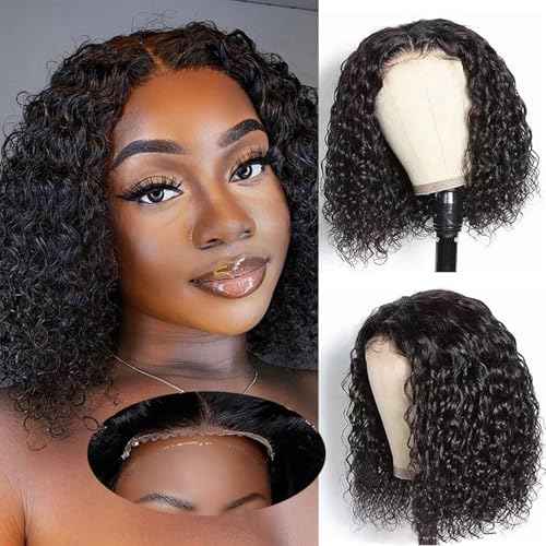 Deep Wave 5x5 HD Lace Closure Curly Wigs for Black Women Glueless Wigs Human Hair Pre Plucked Pre Cut 180 Density Short Curly Human Hair 8 Inch Natural Black