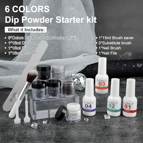 Dip Powder Nail Kit Starter, 6 Colors Glitter Dark Black White Dipping Powder Kit With Base & Top Coat/Activator/Brush Saver, Nail Art Manicure Salon DIY for Daily at Home Party Gifts for Women