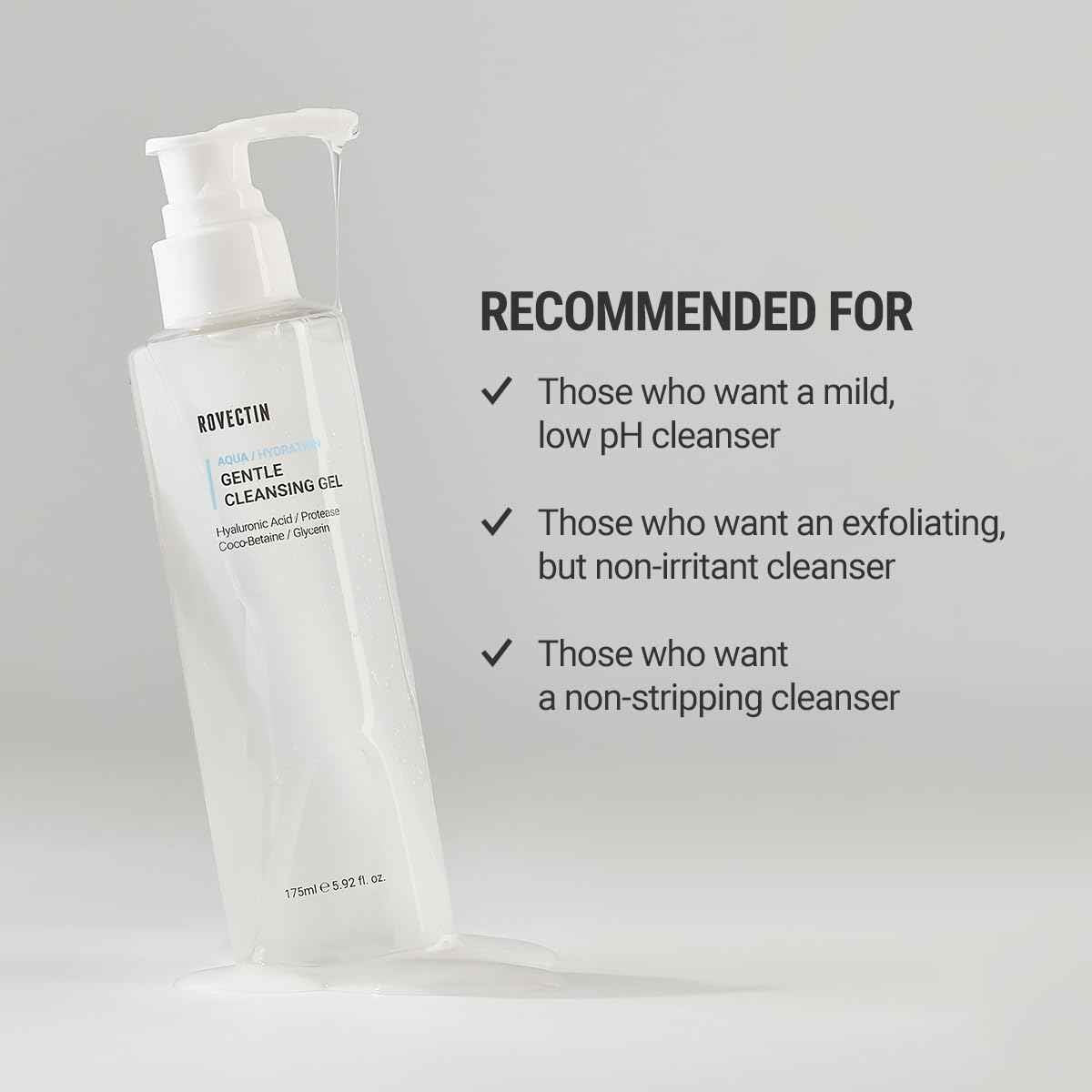 ROVECTIN Aqua Cleansing Gel (Conditioning Cleanser) Hydrating pH Balanced Facial Wash for Sensitive, Dry Skin | No Stripping, Fragrance-Free | Vegan, Korean Skincare (5.9 fl. oz)