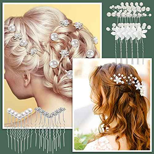 Elegant 64-Piece Wedding Hair Accessories Set - Includes Rhinestone Hair Sticks, Pearl Pins, Crystal Combs, Pearl Vine, and U-Shaped Clips (Classic Style)