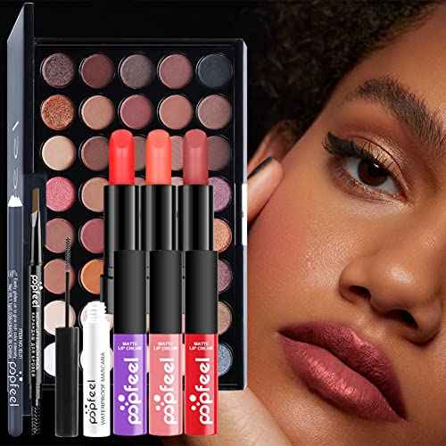 Makeup Kit For Women Full Kit, Naked Shimmer Eyeshadow Palette, Waterproof Black Eyeliner & Mascara, Makeup Tools Set, Lipstick, Premium Synthetic Foundation Powder for Medium to Dark Skin