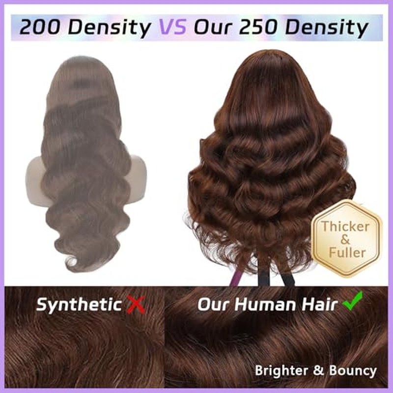 250 Density Body Wave Chocolate Brown Wig, 13x6 Lace Front Wigs Human Hair Pre Plucked, 100% Real Human Hair 4# Brown Wig for Women 18 Inch
