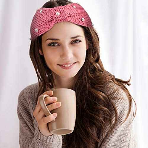 Whaline 5 Pieces Winter Knit Headbands Chunky Knit Headbands,4 Elastic Turban Head Wraps and 1 Pearl Crochet Hair Band, Ear Warmer Crochet Head Wraps for Women Girls (Pink Colors)