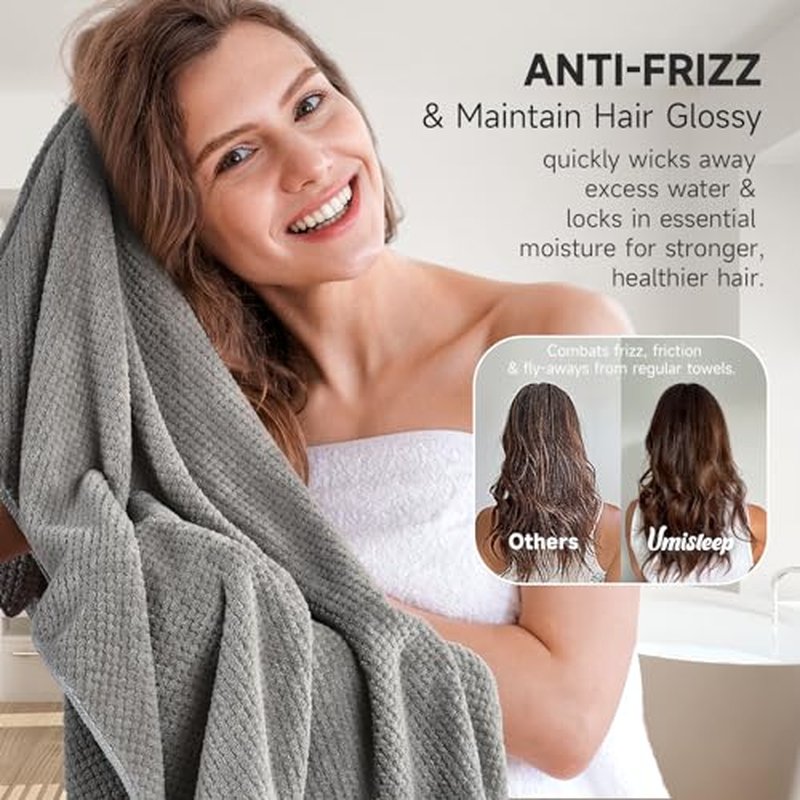 Extra Large Microfiber Hair Towel for Women Curly, Long, Thick Hair, 2 Pack Ultra Absorbent Hair Drying Towel Wrap, Super Soft Anti Frizz Hair Turban with Elastic Loop (Grey, Camel)