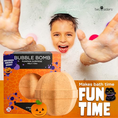 Halloween Bath Bombs for Kids with Surprise Halloween Toys Inside - Large Pumpkin Bath Bombs for Kids, Boys & Girls ? Spooky Boo Basket Stuffers for Kids - Made in USA Bubble Bomb by Two Sisters