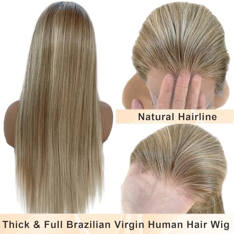 Ombre Blonde Lace Front Wig Human Hair for White Women Ash Brown Roots to Ash Blonde with White Platinum Highlights Glueless Wigs Human Hair Pre Plucked with Baby Hair 180% Density Straight 20 Inch