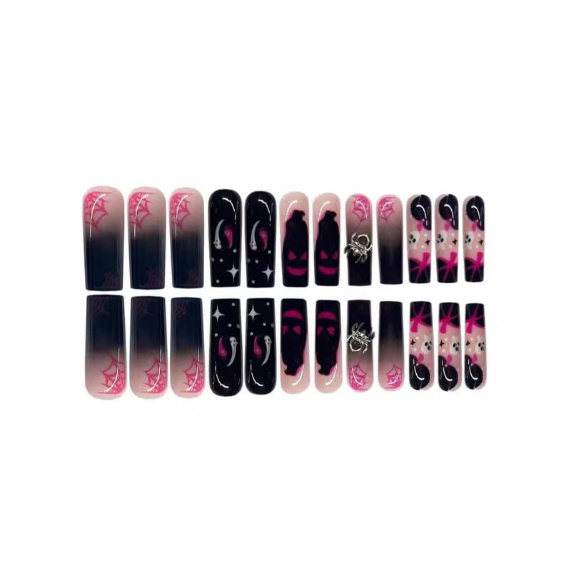 48pcs Long Coffin Press on Nails and Toes Nails Halloween French Tip Black Fake Fingers Toe Nail Tips Press ons Spider Charm Glue on Toe Nails Square Ghost Summer False Toe Nails for Women and Girls