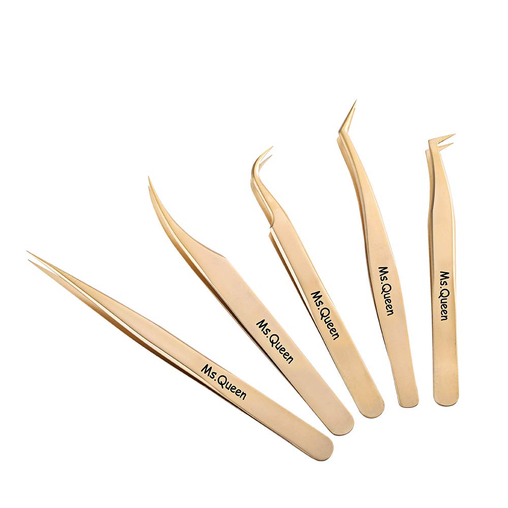 Ms.Queen Eyelash Extension Tweezers-Precision Tweezers for 2D-6D Volume&Individual False Lashes Extensions-Golden-5pcs Tweezers Set