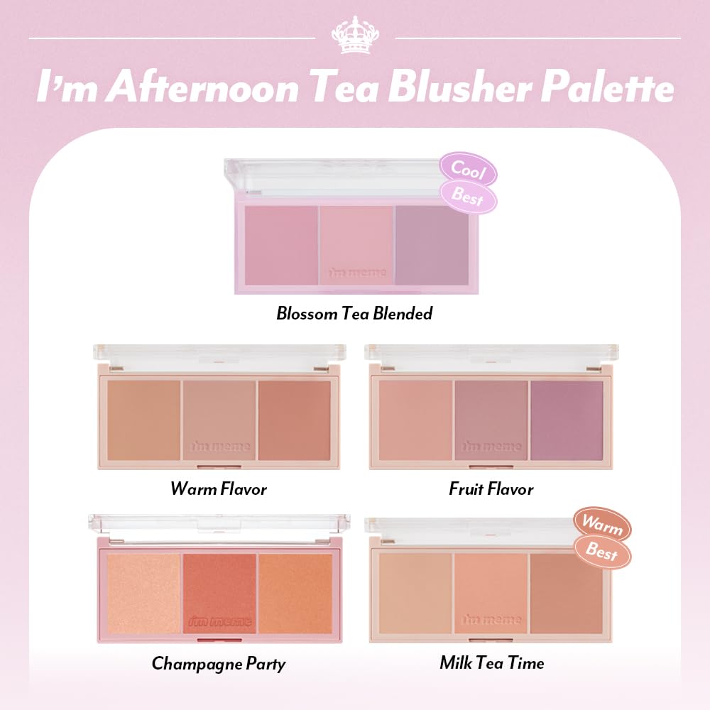 I'M MEME Blusher Palette - Afternoon Tea_Blossom Tea | Soft Pink, Peach, Lavender, 3 Shades Palette, Matte Powder, Face & Cheeks, For All Skin Tones, Powdery Finish, Lightweight Formula, 0.4 Oz