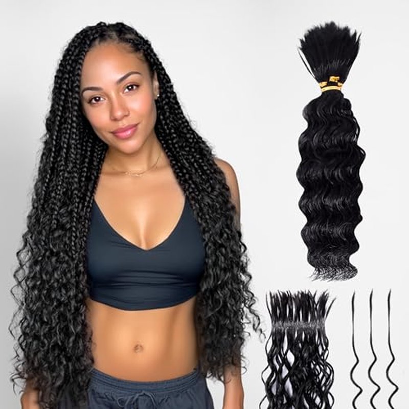 Human Braiding Hair, Pre-Divided Boho Braids Human Hair, Deep Wave Bulk Bohemian Hair Extensions for Braiding Knotless Wet and Wavy, 24 Inch, 3.5oz, Natural Color