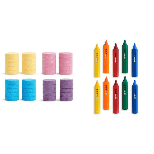 Munchkin® Color Buddies™ Moisturizing Bath Water Color Tablets, 40 Pack, Yellow/Pink/Blue/Purple & Draw™ Bath Crayons Toddler Bath Toy, 10 Pack