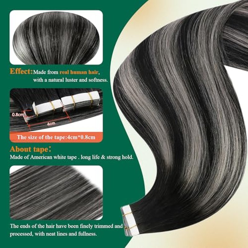 Easyouth 24 Inch Tape in Hair Extensions Human Hair Ombre Human Hair Tape in Extensions Off Black Fading to Silver Mixed Natural Black Hair Extension Tapes in 50g 20pcs