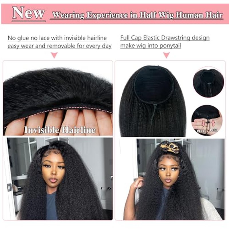 Nvnvdij Kinky Straight Half Wig Human Hair 200% Density Wear Go Glueless Wigs Human Hair 18 Inch Kinky Straight 3 In 1 Half Wigs for Women Drawstring Seamless Flip Headband Wig Beginner Friendly