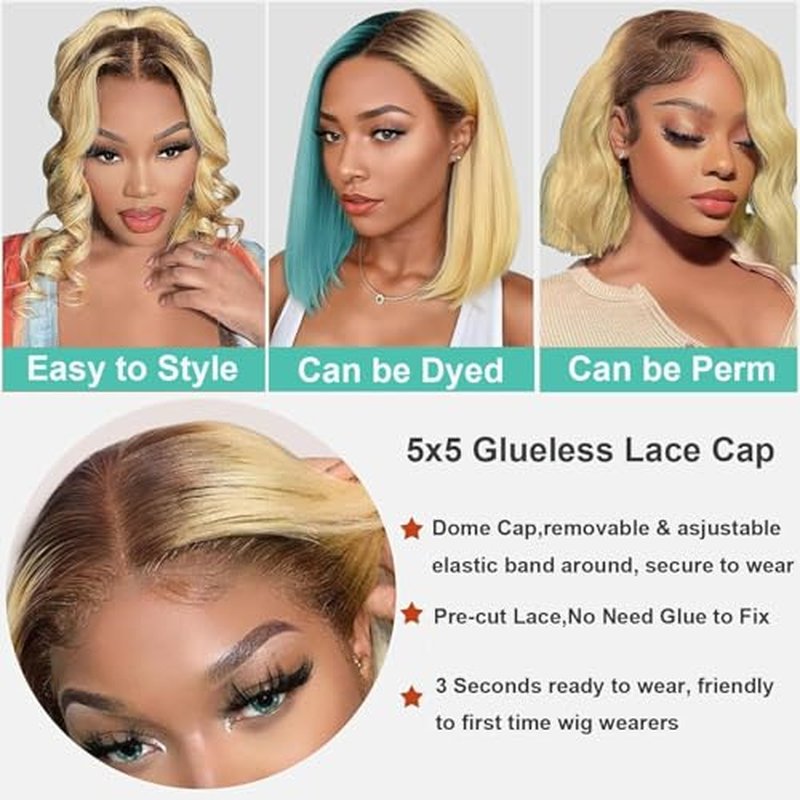 5X5 Wear And Go Blonde Wig Human Hair 2.0-613 Upgraded Brown Roots 200% Density Ombre 2 Tone Blonde Wig For Women UHD Pre-Cut Lace Bob Wigs No Mix Fiber Brazilian Virgin Hair 10 Inch