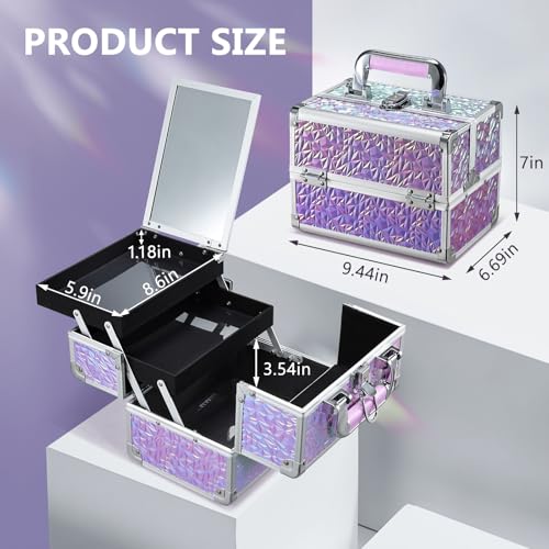 Joligrace Makeup Train Case Makeup Case Organizer Portable Cosmetic Box Storage with 2 Trays Mirror Locking with Keys Make Up Travel Case Nail Kits Traveling Makeup Box Shiny Purple