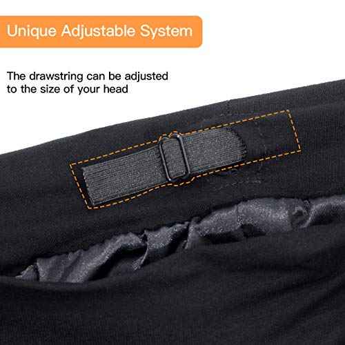 SilkySatin Lined Bonnet Sleep Cap - Adjustable Stay on All Night Hair Wrap Cover Slouchy Beanie for Curly Hair Protection for Women and Men - Black & Light Grey