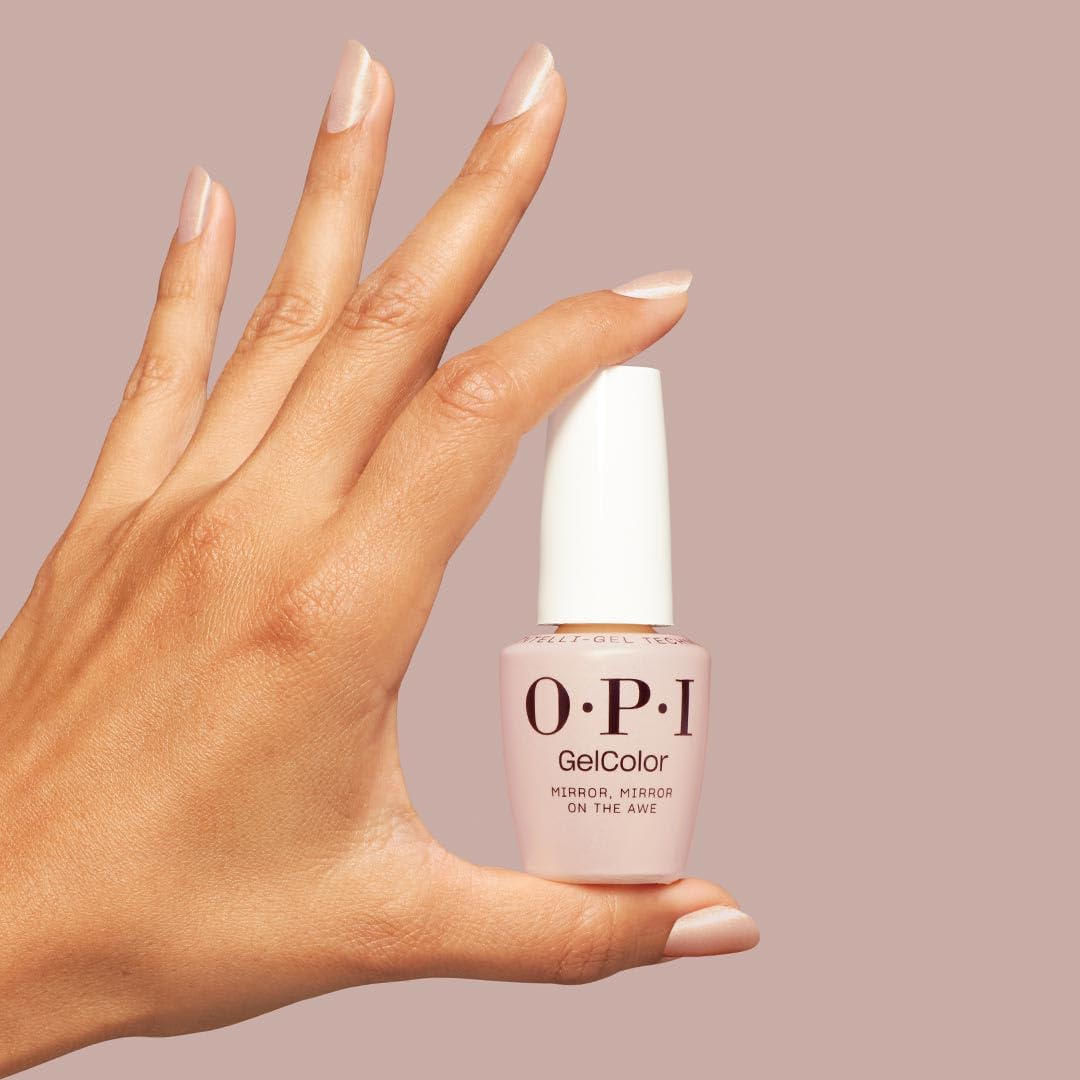 OPI GelColor Mirror, Mirror on the Awe | Semi-Sheer Pastel Peach with Gold Shimmer LED Cure Gel Nail Polish | Salon-Quality Shine, Long-Lasting Wear | 0.5 Fl Oz | OPI'm Dreaming Collection