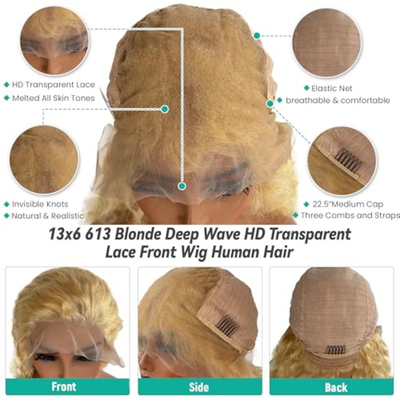 Licoville 13x6 Deep Wave Lace Front Wigs Human Hair 613 Wig 26 Inch HD Transparent Blonde Deep Wave Wig Human Hair Long Curly Blonde 613 HD Frontal Lace Wigs for Black Women 180% Density Pre Plucked