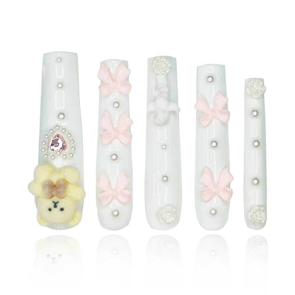 GGddsha 2025 Kawaii Bear Dream Tracks Reusable Handmade PMMA Acrylic Press on Nails w/Box Gifts for Women (Sweet Gummies, M)