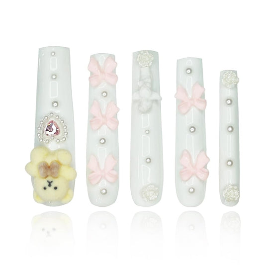 GGddsha 2025 Kawaii Bear Dream Tracks Reusable Handmade PMMA Acrylic Press on Nails w/Box Gifts for Women (Sweet Gummies, M)