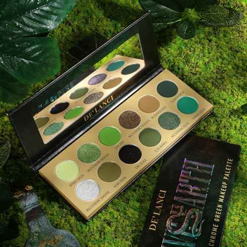 DE'LANCI Olive Green Eyeshadow Palette Multichrome, Ultra-Pigmented Brown Green Eye Shadow for Green Eyes Makeup, Matte Shimmer Dark Lime Emerald Eyeshadow Pallet for Festival Cosplay Halloween Makeup