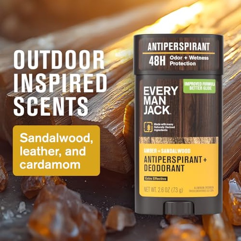 Every Man Jack Men¡¯s Amber + Sandalwood Antiperspirant Deodorant ? New & Improved Formula ? Smooth Glide, 48-Hour Odor & Sweat Defense? 2.6 oz (2 Pack)
