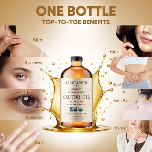 SPORTYOUTH Castor Oil Organic, Cold Pressed, Hexane Free, USDA Certified 100% Pure 32oz Glass Bottle Non-GMO Unrefined Carrier Oil for Hair Growth, Castor Oil Pack, Eyelashes, Brows, Skin, Face