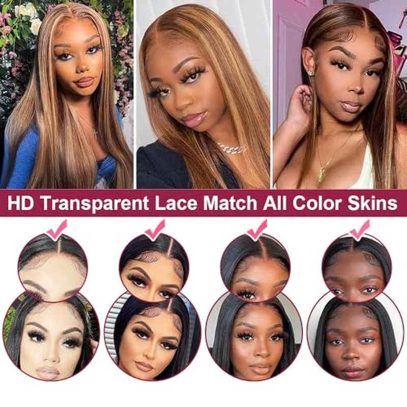 D?BUT Ombre Highlight Brown Glueless Wigs Human Hair Pre Plucked Straight Hair Lace Front Wigs 5x5 HD Lace Closure Wig for Women Daily Use 18 Inches