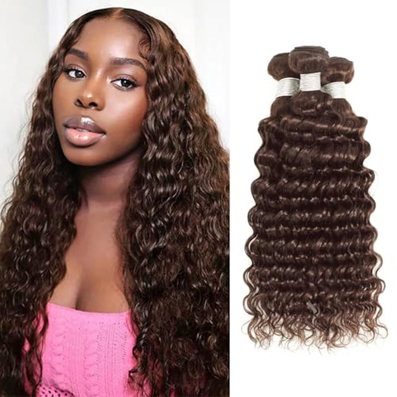 Chocolate Brown Bundles Human Hair 10 12 14 Inch Brazilian Color 4 Deep Wave Bundles Human Hair Unprocessed Breezy Wave Virgin Hair for Black Women with Silky Texture & Quick Weave