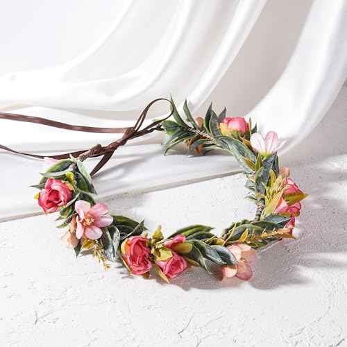 Handmade Fairy Flower Crown - Red Pink Flower Headband with Ribbon Woodland Rose Floral Headpiece for Women Girls Wedding Renaissance Hair Accessories Birthday Party Photo Props