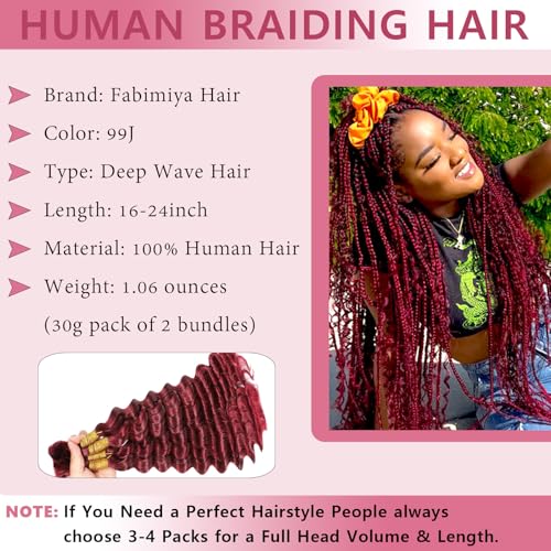 Human Braiding Hair for Boho Braids 18inch Deep Wave Bulk Human Hair for Braiding Knotless 12A 100% Unprocessed Brazilian Virgin Hair Extensions Bulk Bohemian 2 Bundles 99J Color
